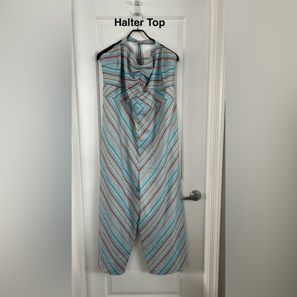 Unique Vintage Striped Halter Jumpsuit in Blue and Pink